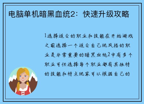 电脑单机暗黑血统2：快速升级攻略